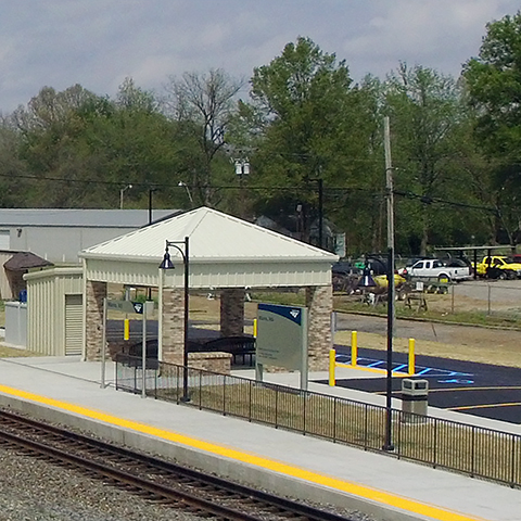 Marks, Miss., station from afar - view includes shelter and platform.