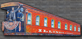 Mural showing Abraham Lincoln waving from a train.