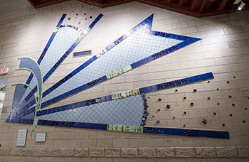 Mosaic - primarily blue - located at the Dearborn, Mich., train station.