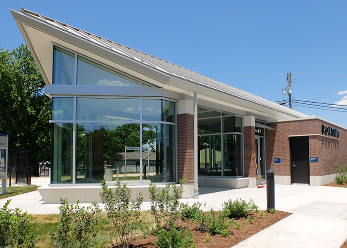 The Pontiac depot features large expanses of glass interspersed with brick.
