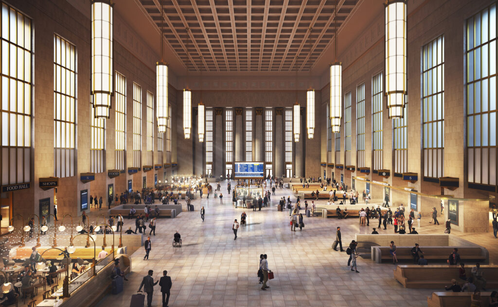 Rendering showing a train concourse.