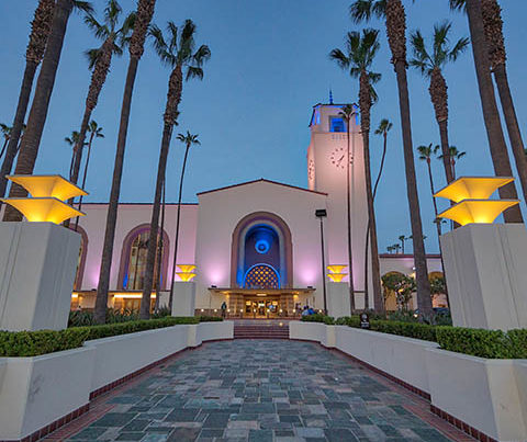 Los Angeles Union Station at dusk.