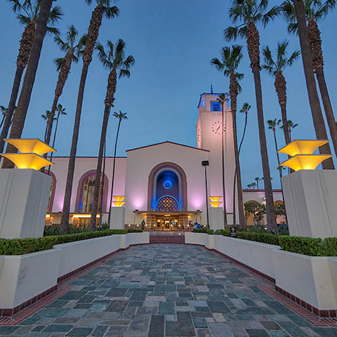 Los Angeles Union Station at dusk.