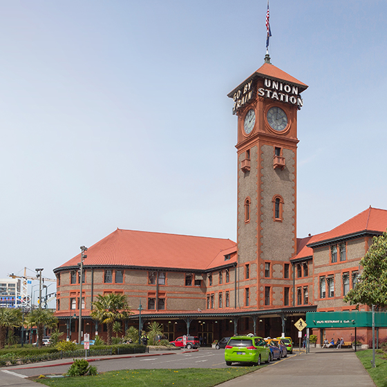 The Portland, Ore., station features a soaring clock tower.