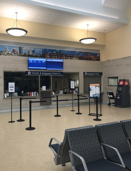 The waiting room is lighted by vaulted skylights.
