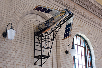 Train sculpture with wings located at St. Paul Union Depot.