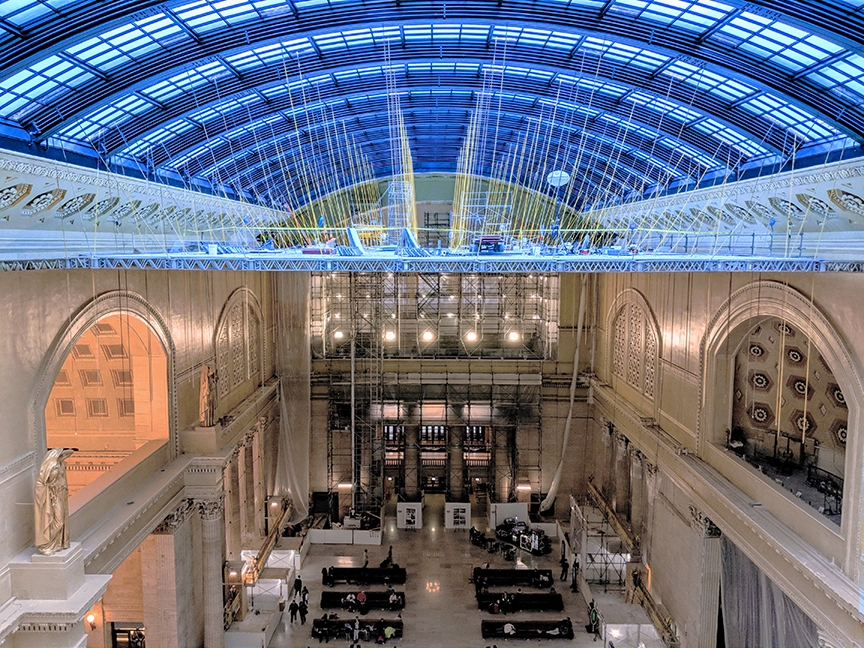 View of Chicago Union Station Great Hall with working deck below the skylight.