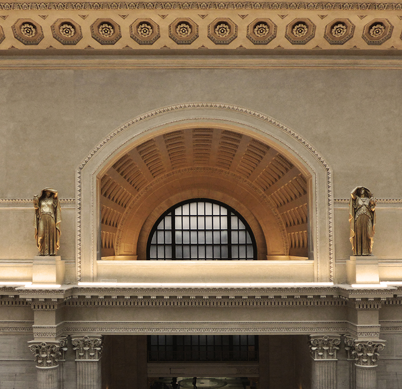 View of the "Night" and "Day" statues in the Great Hall of Chicago Union Station.
