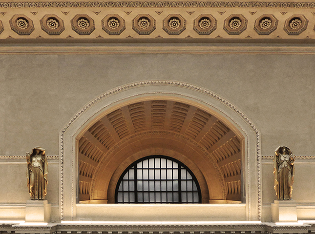View of the "Night" and "Day" statues in the Great Hall of Chicago Union Station.