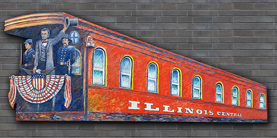 Mural of Abraham Lincoln waving from a train car.
