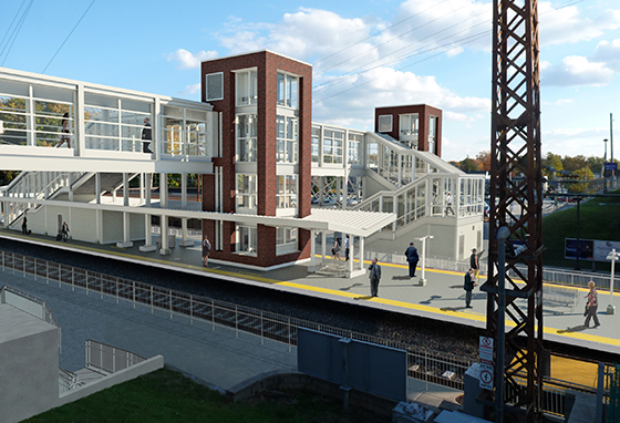 Rendering of the Paoli station showing people on the high-level center platform.