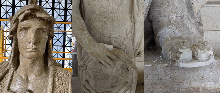 Close-ups of a head, hand and foot of a plaster statue of a man.