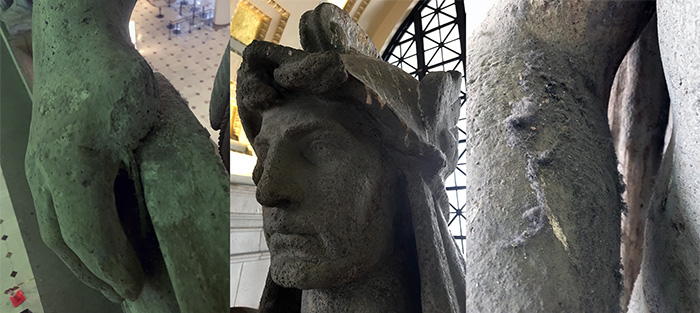 Close-ups of the head, arm and hand of a plaster statue of a man.