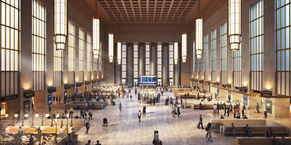 Conceptual rendering of Gray 30th Street Station Main Concourse - a large room lighted by tall windows.