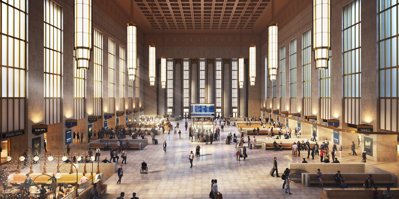Conceptual rendering of the Main Concourse at Gray 30th Street Station. The long and wide room features tall windows, hanging lights and seating as well as retail space.