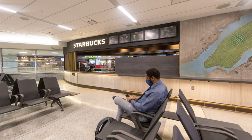 Starbucks coffee bar at the Amtrak Ticketed Waiting Area at New York Penn Station.