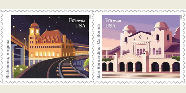 Two stamps featuring train stations