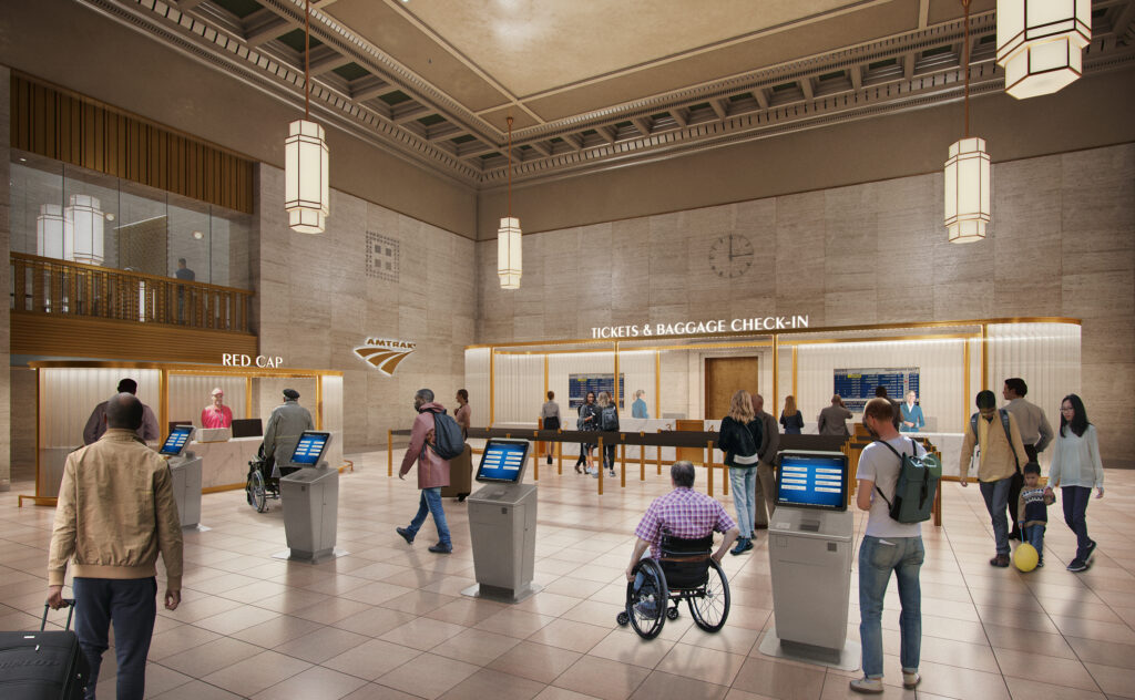 Rendering showing an Amtrak ticket desk and ticket kiosks.