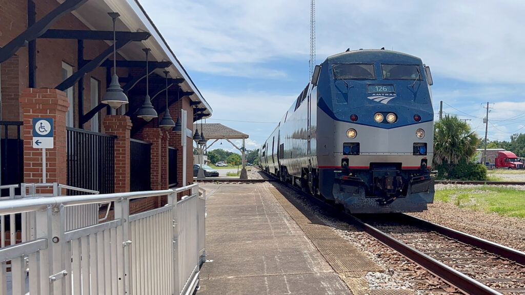 A train passes through Gulfport, Mississippi.