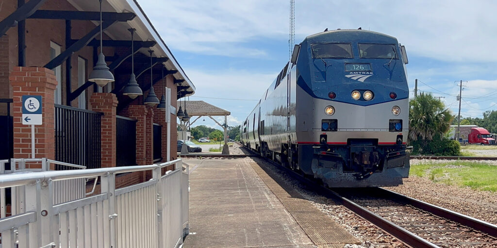 A train makes a stop at the Gulfport, Mississippi, station