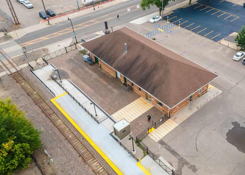 Aerial view of the Fargo, ND, Amtrak station