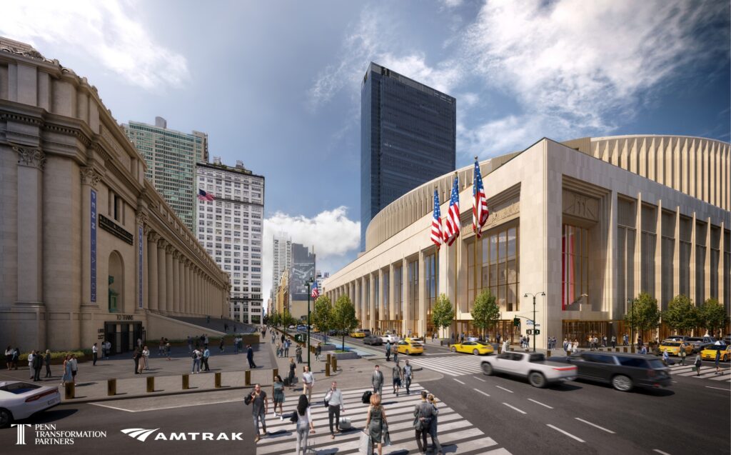 A rendering of the redeveloped New York Penn Station from the street.