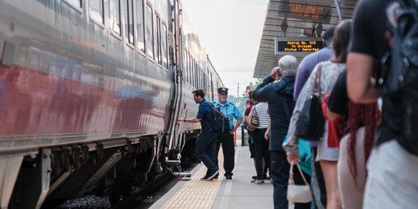 Passengers board a train in Normal, Illinois.